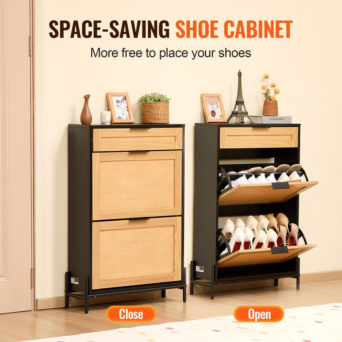 VEVOR Rattan Shoe Cabinet, Narrow Shoe Storage Organizer with 2 Flip Rattan Drawers & 1 Slide Drawer, Metal Legs, Slim Shoe Entryway Cabinet Ideal for Entryway, Closet, Hallway, Black - FCTBXJ2C1XC2W8YCYV0 - view 4
