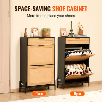 VEVOR Rattan Shoe Cabinet, Narrow Shoe Storage Organizer with 2 Flip Rattan Drawers & 1 Slide Drawer, Metal Legs, Slim Shoe Entryway Cabinet Ideal for Entryway, Closet, Hallway, Black - FCTBXJ2C1XC2W8YCYV0 - view 4