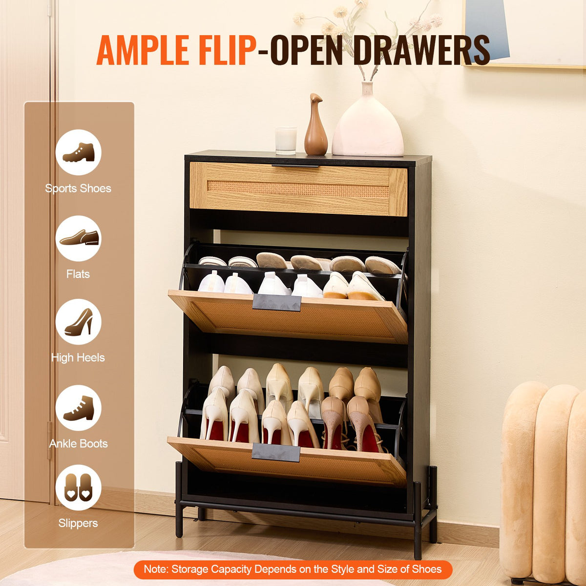 VEVOR Rattan Shoe Cabinet, Narrow Shoe Storage Organizer with 2 Flip Rattan Drawers & 1 Slide Drawer, Metal Legs, Slim Shoe Entryway Cabinet Ideal for Entryway, Closet, Hallway, Black - FCTBXJ2C1XC2W8YCYV0 - view 5