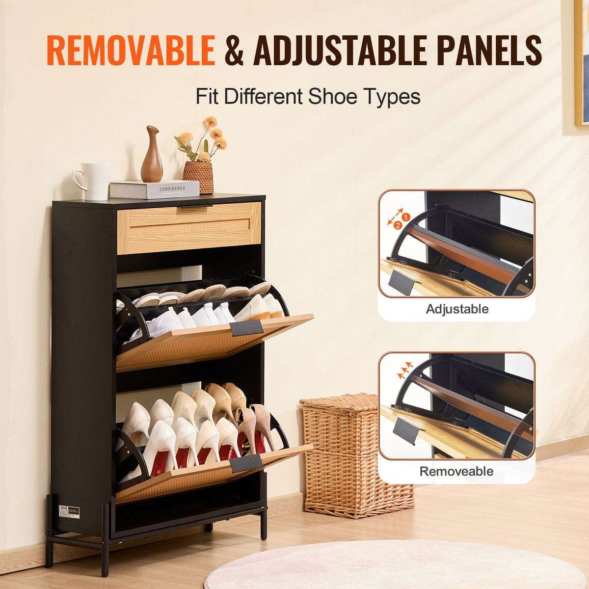 VEVOR Rattan Shoe Cabinet, Narrow Shoe Storage Organizer with 2 Flip Rattan Drawers & 1 Slide Drawer, Metal Legs, Slim Shoe Entryway Cabinet Ideal for Entryway, Closet, Hallway, Black - FCTBXJ2C1XC2W8YCYV0 - view 8