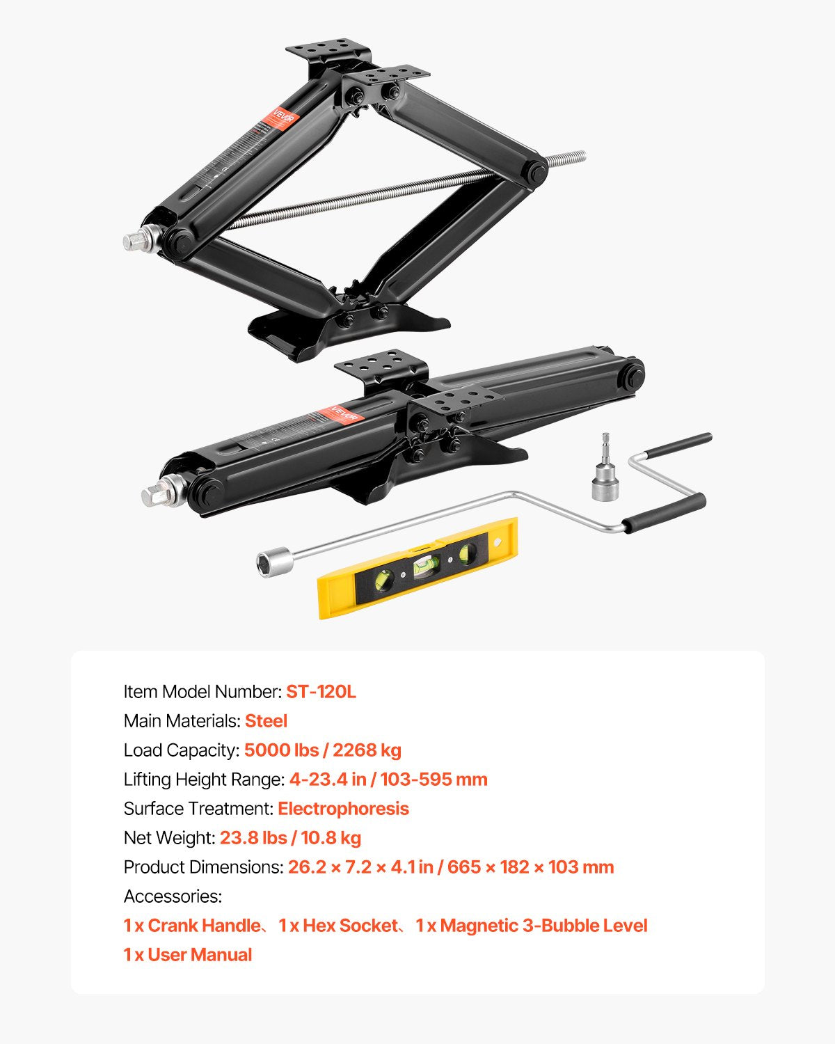 VEVOR 5000 lbs RV Scissor Jacks, 4-23.4 in RV Stabilizer Leveling Scissor Jacks, Set of 2, Heavy Duty Stabilizer Jack with Crank Handle, Socket and Bubble Levels, Not Easily Bent or Deformed - FCWDQJD2JZ50HML55001V0 - view 8