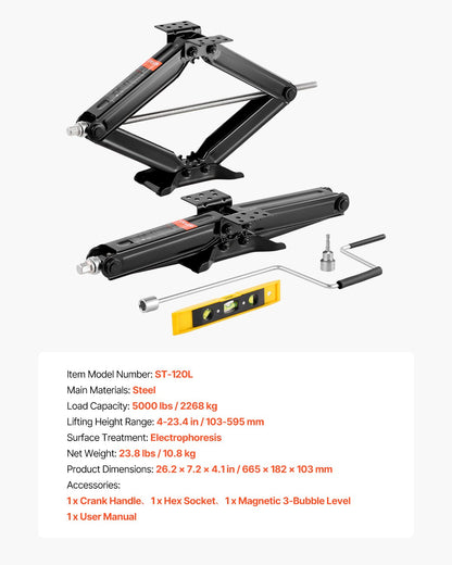 VEVOR 5000 lbs RV Scissor Jacks, 4-23.4 in RV Stabilizer Leveling Scissor Jacks, Set of 2, Heavy Duty Stabilizer Jack with Crank Handle, Socket and Bubble Levels, Not Easily Bent or Deformed - FCWDQJD2JZ50HML55001V0 - view 8