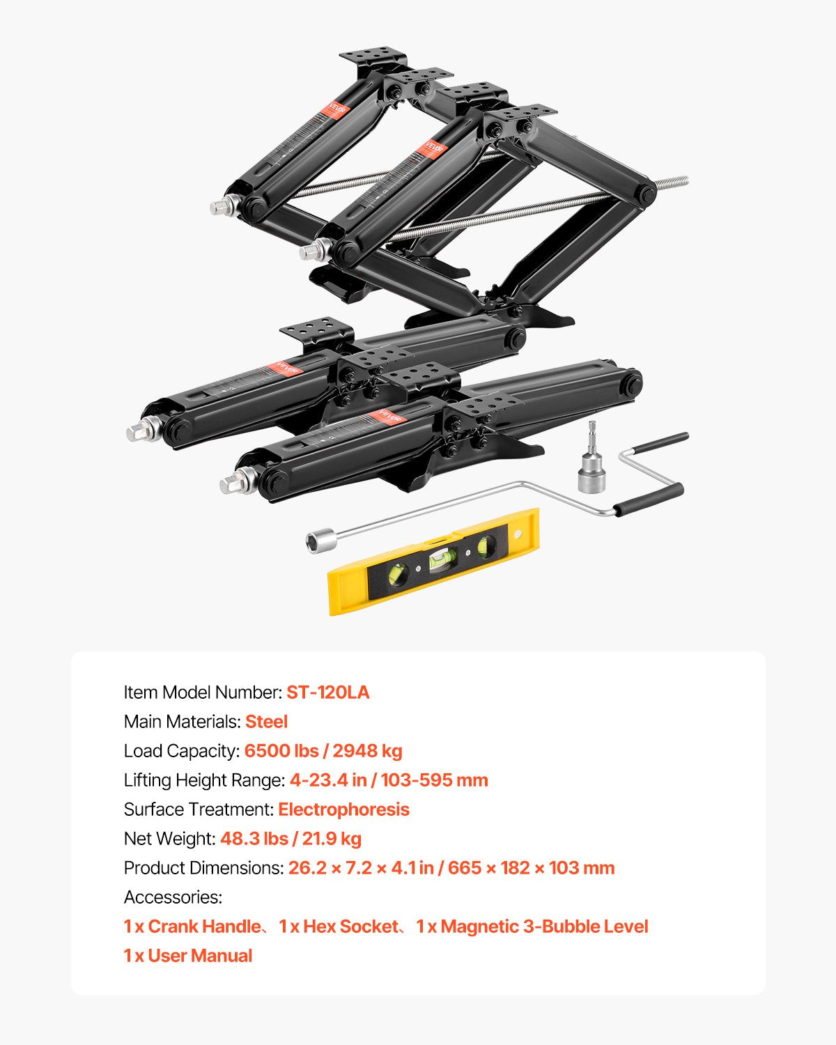 VEVOR 6500 lbs RV Scissor Jacks, 4-23.4 in RV Stabilizer Leveling Scissor Jacks, Set of 4, Heavy Duty Stabilizer Jack with Crank Handle, Socket and Bubble Levels, Not Easily Bent or Deformed - FCWDQJD4JZ65J75KP001V0 - view 8