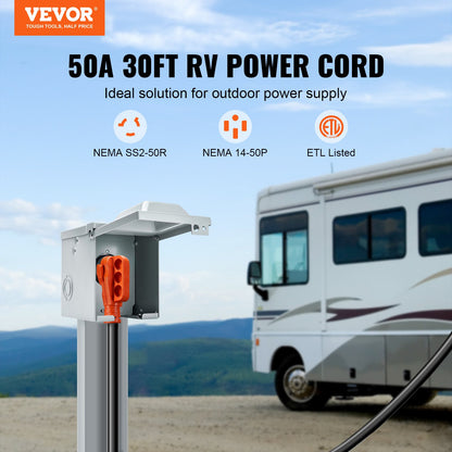 VEVOR 30 Feet RV Power Cord, 50 Amp, Heavy Duty STW 6/3 + 8/1 Generator Cord, NEMA 14-50P Male NEMA SS2-50R Female Plug, with LED Indicator Handle 15A Adapter, for RVs, - FCXCSRVNEMA14OFH2V1 - view 2