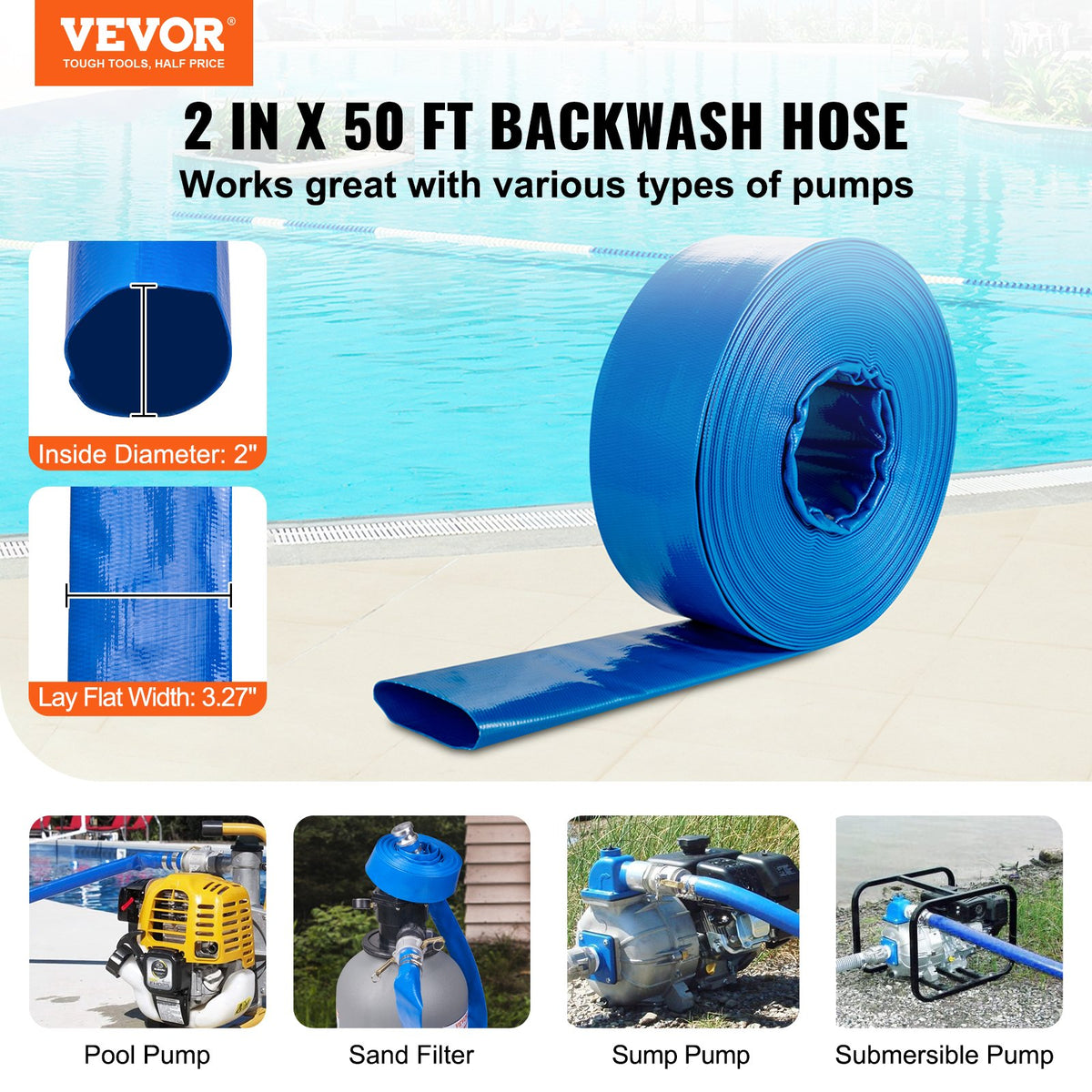 VEVOR Lay Flat Discharge Hose, PVC Backwash Drain Hose with Clamps, Weather Proof and Burst Proof, for Swimming Pool and Water Transfer, Blue - FCXRG250FTPVCM9TXV0 - view 2