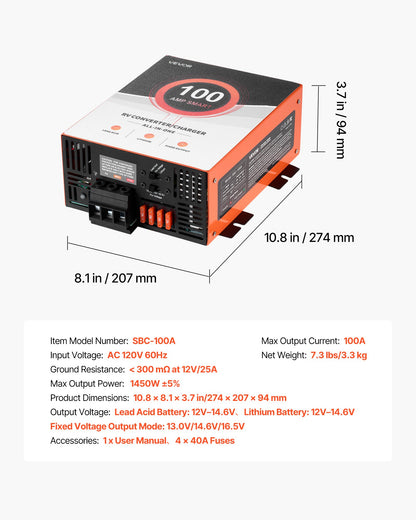 VEVOR RV Power Converter, 100 Amp, 110V AC to 12V DC RV Converter Battery Charger, Multi Stage Smart Charging, 13V to 16.5V Operating Range