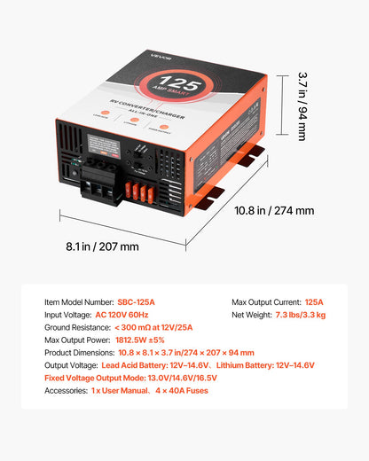 VEVOR RV Power Converter, 125 Amp, 110V AC to 12V DC RV Converter Battery Charger, Multi Stage Smart Charging, 13V to 16.5V Operating Range, Compatible with Lithium & Lead Acid Battery, for Camper - FCZLQTMS125AY08B0001V1 - view 8
