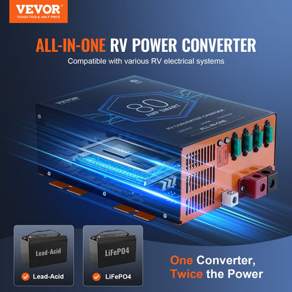 VEVOR RV Converter, 80 Amp, 110V AC to 12V DC RV Power Converter Battery Charger with 4 Stage Smart Charging 13V to 16.5V Adjustable Operating Range, Compatible with Lithium Lead Acid Battery, ETL - FCZLQTMS12V7FTCROV1 - view 3