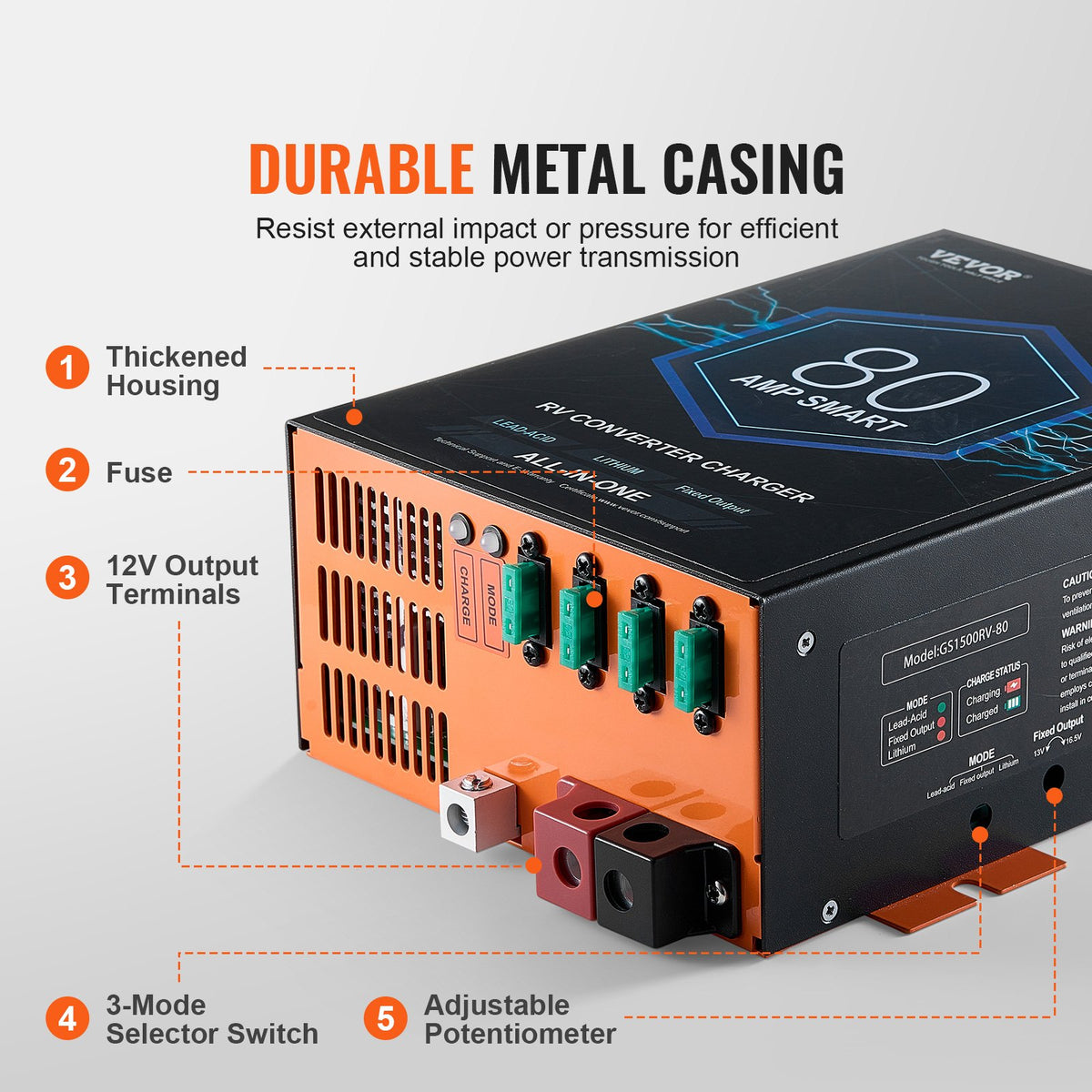 VEVOR RV Converter, 80 Amp, 110V AC to 12V DC RV Power Converter Battery Charger with 4 Stage Smart Charging 13V to 16.5V Adjustable Operating Range, Compatible with Lithium Lead Acid Battery, ETL - FCZLQTMS12V7FTCROV1 - view 7