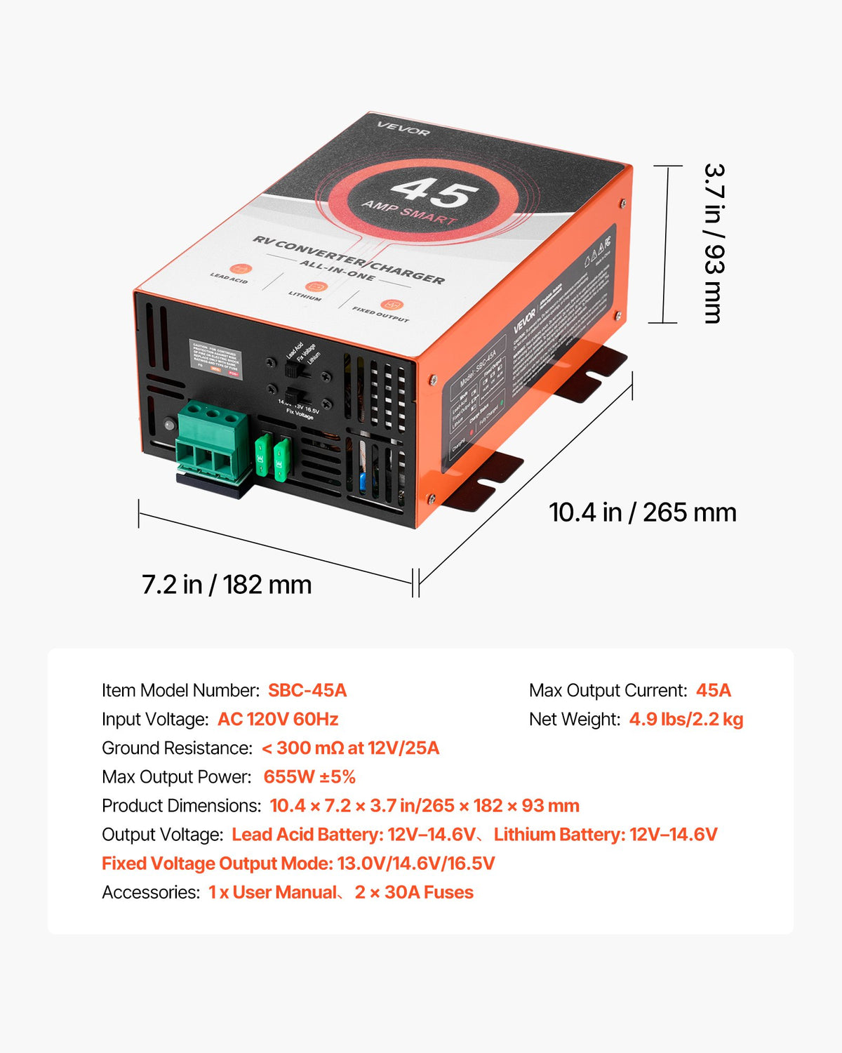 VEVOR RV Power Converter, 45 Amp, 110V AC to 12V DC RV Converter Battery Charger, Multi Stage Smart Charging, 13V to 16.5V Operating Range, Compatible with Lithium & Lead Acid Battery, for Camper - FCZLQTMS45AQV5Q3Q001V1 - view 8