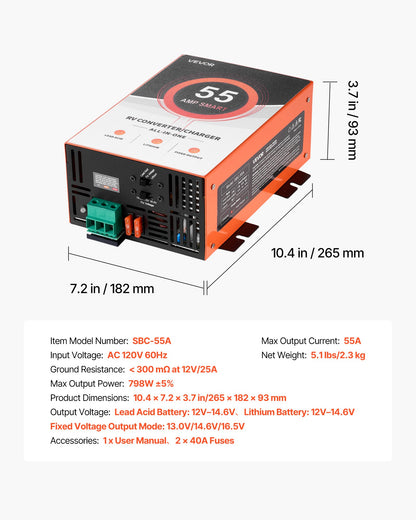 VEVOR RV Power Converter, 55 Amp, 110V AC to 12V DC RV Converter Battery Charger, Multi Stage Smart Charging, 13V to 16.5V Operating Range