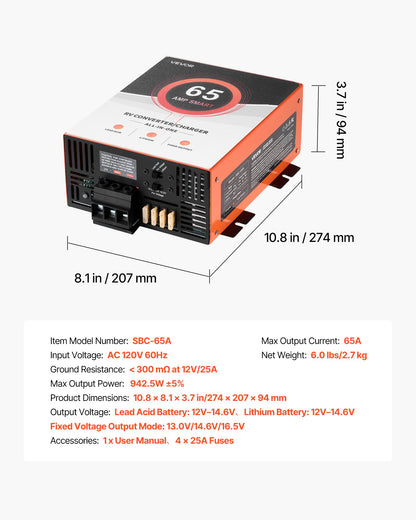 VEVOR RV Power Converter, 65 Amp, 110V AC to 12V DC RV Converter Battery Charger, Multi Stage Smart Charging, 13V to 16.5V Operating Range