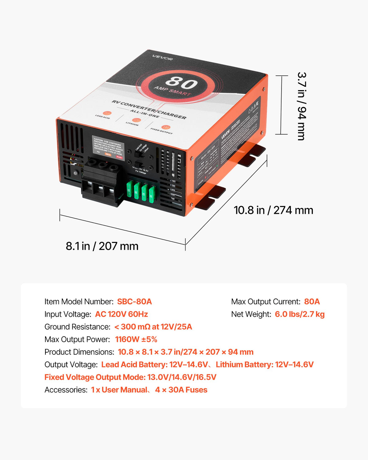 VEVOR RV Power Converter, 80 Amp, 110V AC to 12V DC RV Converter Battery Charger, Multi Stage Smart Charging, 13V to 16.5V Operating Range, Compatible with Lithium & Lead Acid Battery, for Camper - FCZLQTMS80AQ8JRA3001V1 - view 8