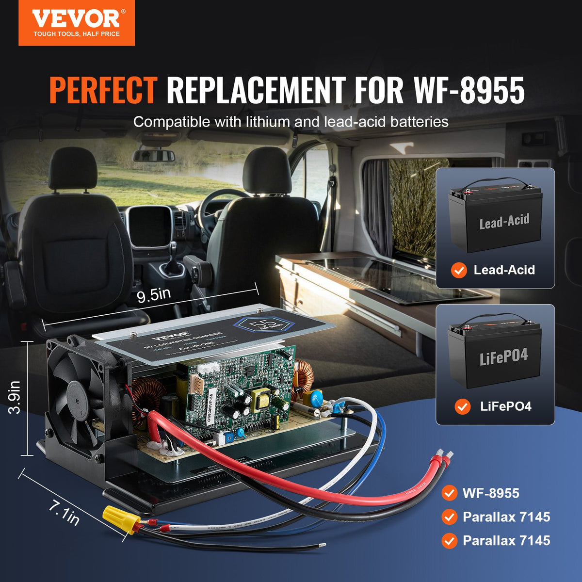 VEVOR WF-8955-AD-MBA Main Board Assembly, 55 Amp, Three-Stage RV Power Converter Replacement Unit, Compatible with Lithium Lead Acid Battery, Fit for WF-8955, Parallax 7145 & 7145 Series Converters - FCZLQZBMZ12VWAYMSV1 - view 3