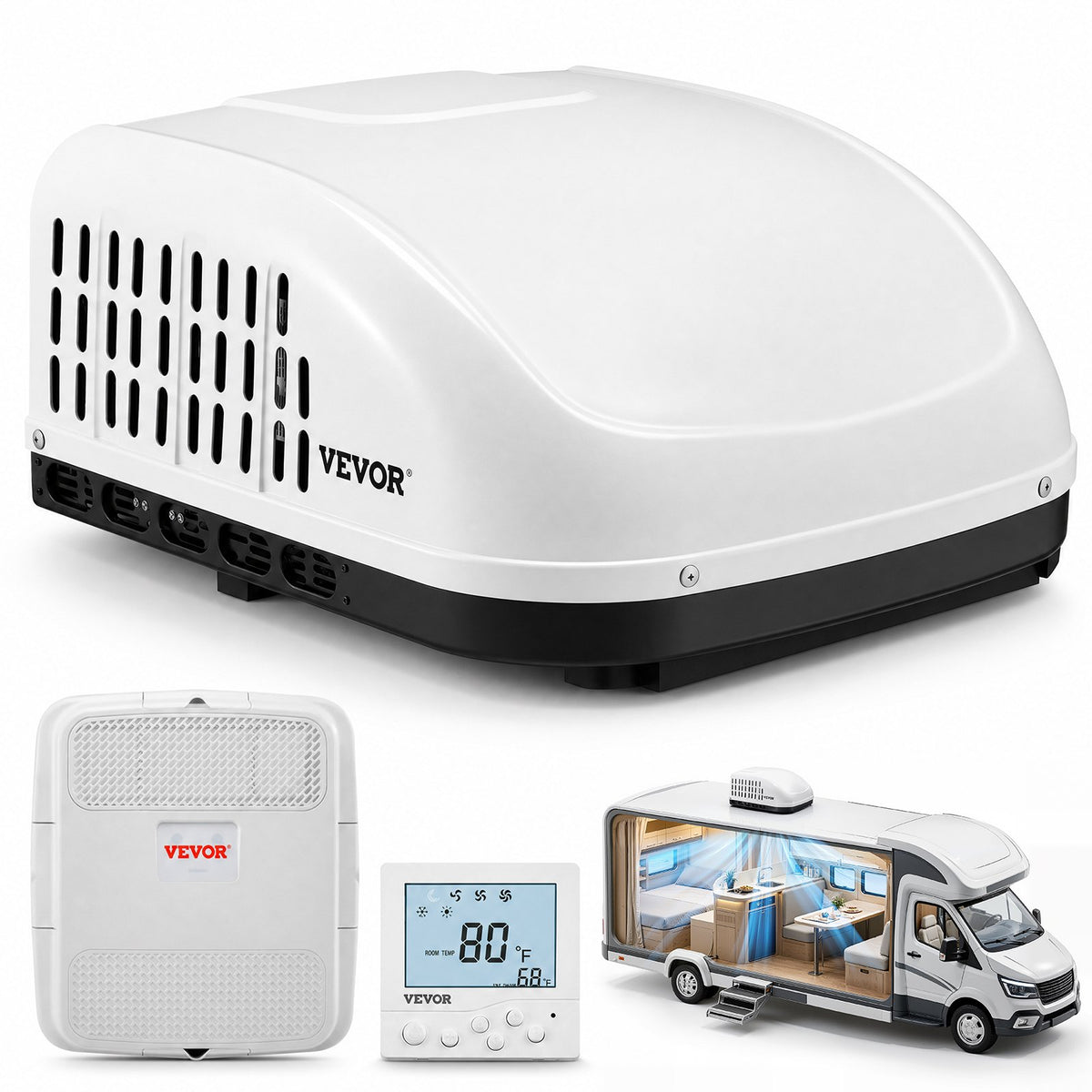 VEVOR RV Air Conditioner, 13500 BTU Non-Ducted Rooftop RV AC Unit, 65 dB Quiet Design, Including Air Distribution Box, Operation Panel and Installation Hardware, for Campers, Vans, Trailers, White - FCZYKDBZXDL1X99NDV6 - view 1