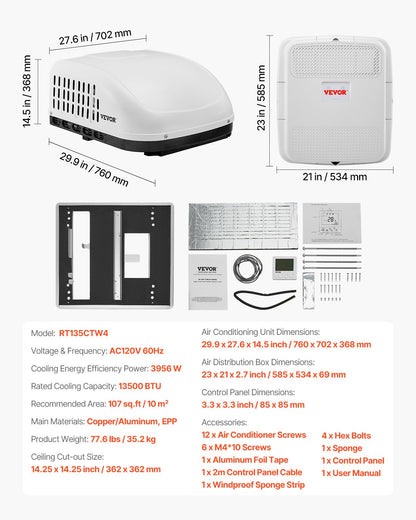 VEVOR RV Air Conditioner, 13500 BTU Non-Ducted Rooftop RV AC Unit, 65 dB Quiet Design, Including Air Distribution Box, Operation Panel and Installation Hardware, for Campers, Vans, Trailers, White - FCZYKDBZXDL1X99NDV6 - view 8