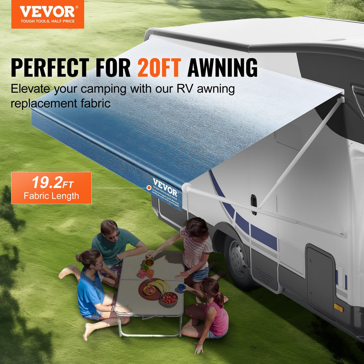 VEVOR RV Awning Fabric Replacement, 19'2" Fabric Length for 20' Awning, Heavy Duty 3-Ply 16oz PVC Camper Awning Fabric, Waterproof & UV Protection Outdoor Canopy for RV, Trailer, Motorhome, Blue Fade - FCZYPML20YC0E0WUQV0 - view 3