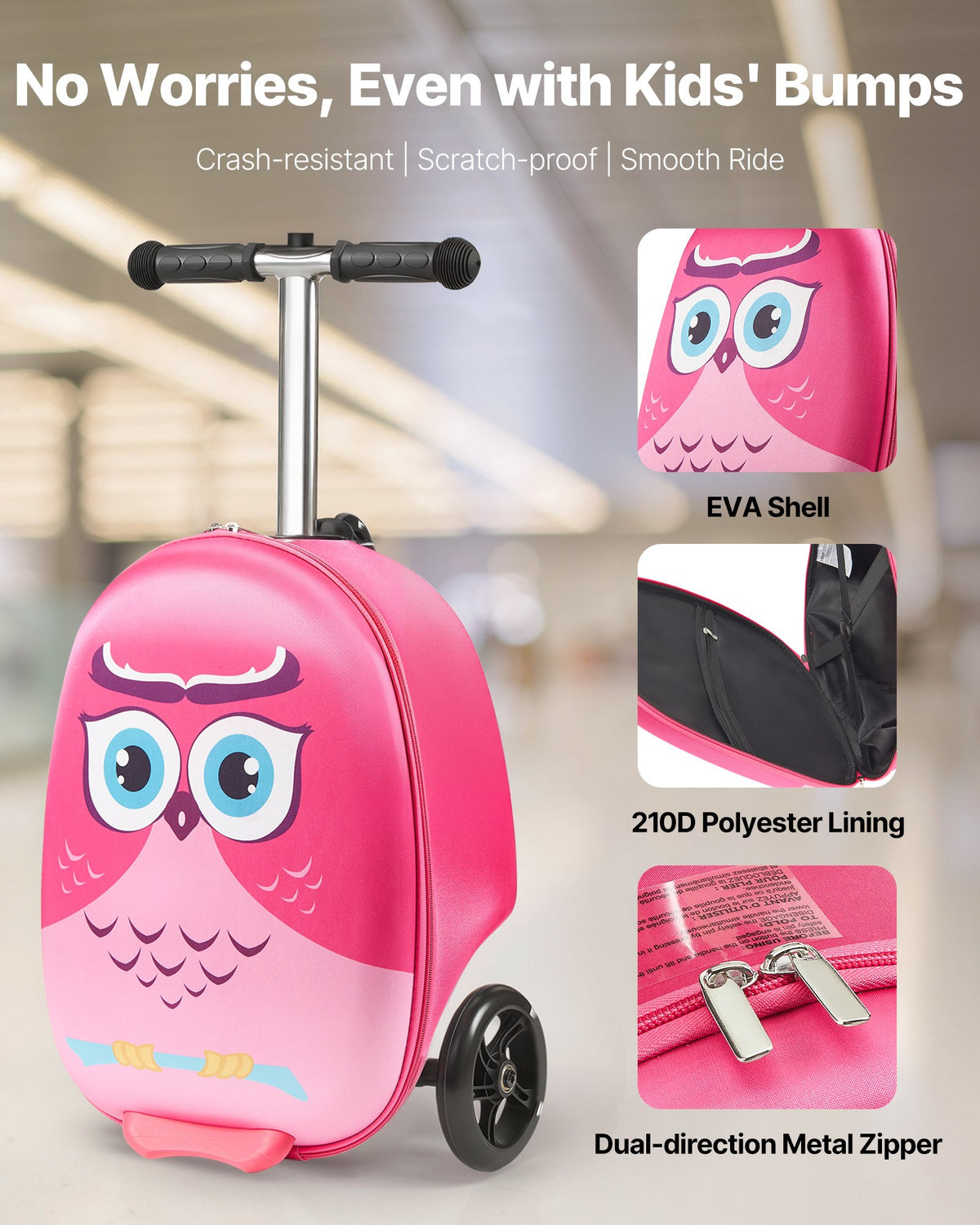 VEVOR Ride-on Luggage, 20 L Capacity, 20 Inches Kids Scooter Suitcase with Flash PU Wheels, Adjustable Handle & TPR Non-Slip Grip, Foldable & Lightweight Scooter Luggage for Kids Aged 5+, Pink - FDDQXXLX20INHPZ8K001V0 - view 3