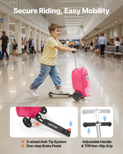 VEVOR Ride-on Luggage, 20 L Capacity, 20 Inches Kids Scooter Suitcase with Flash PU Wheels, Adjustable Handle & TPR Non-Slip Grip, Foldable & Lightweight Scooter Luggage for Kids Aged 5+, Pink - FDDQXXLX20INHPZ8K001V0 - view 4