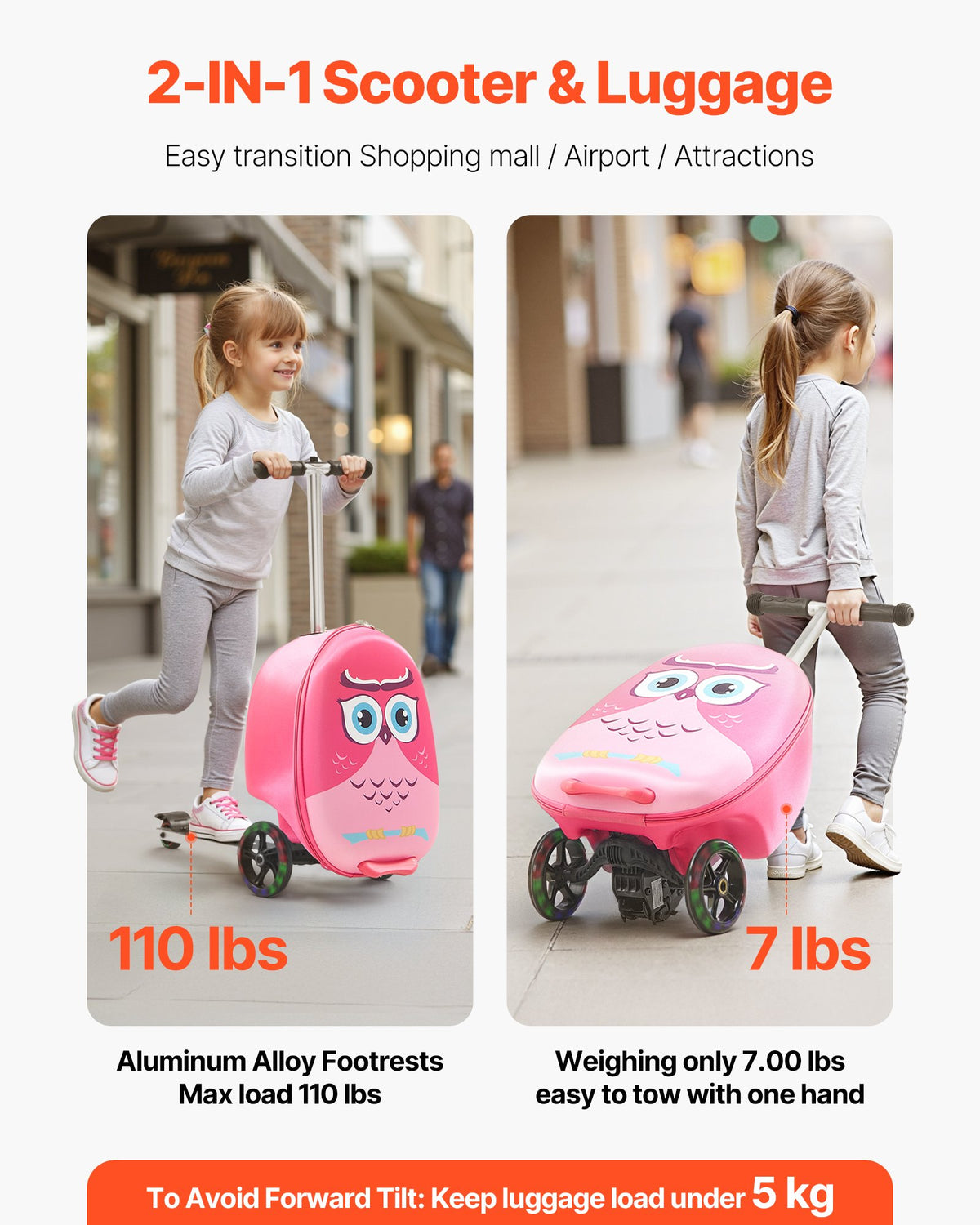 VEVOR Ride-on Luggage, 20 L Capacity, 20 Inches Kids Scooter Suitcase with Flash PU Wheels, Adjustable Handle & TPR Non-Slip Grip, Foldable & Lightweight Scooter Luggage for Kids Aged 5+, Pink - FDDQXXLX20INHPZ8K001V0 - view 5