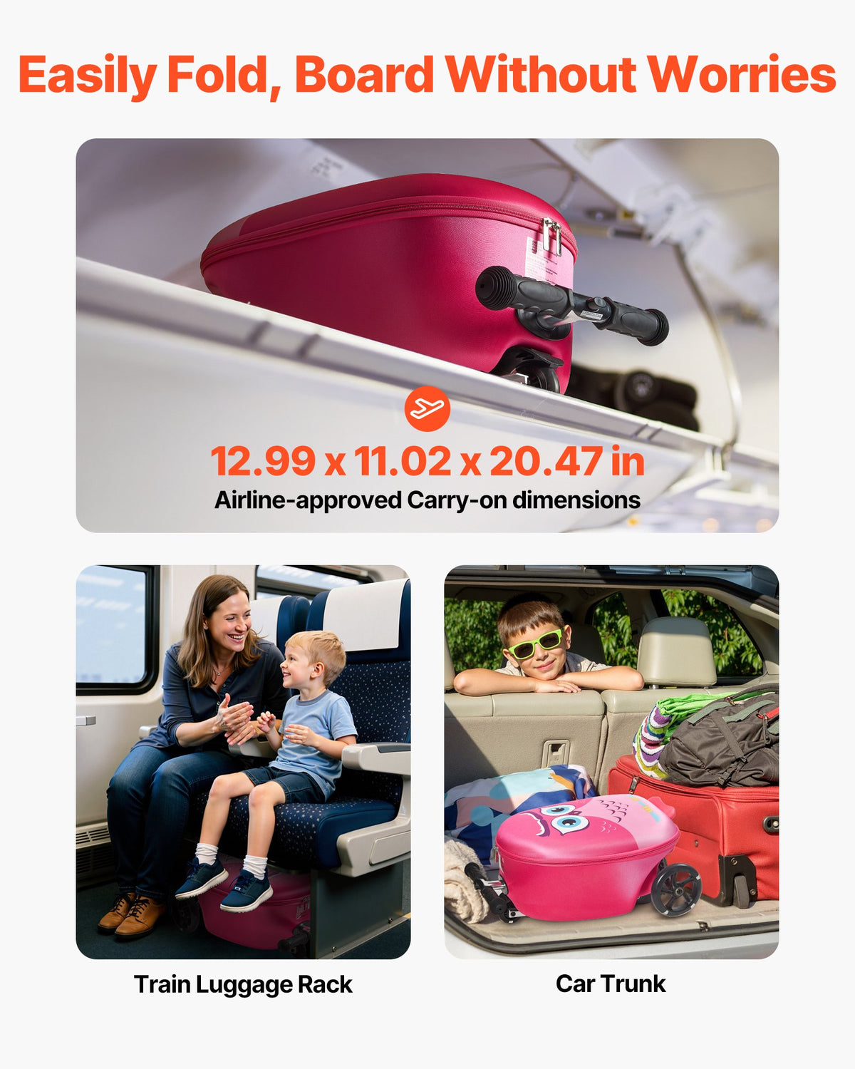 VEVOR Ride-on Luggage, 20 L Capacity, 20 Inches Kids Scooter Suitcase with Flash PU Wheels, Adjustable Handle & TPR Non-Slip Grip, Foldable & Lightweight Scooter Luggage for Kids Aged 5+, Pink - FDDQXXLX20INHPZ8K001V0 - view 6