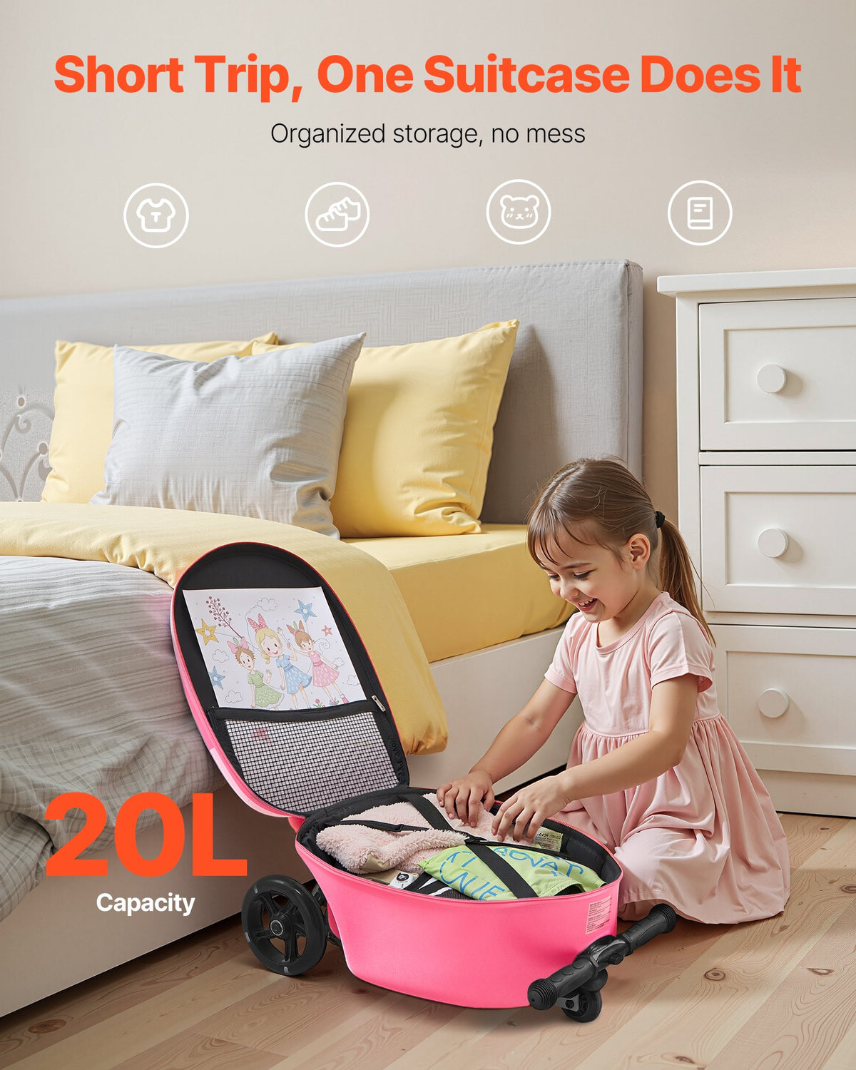 VEVOR Ride-on Luggage, 20 L Capacity, 20 Inches Kids Scooter Suitcase with Flash PU Wheels, Adjustable Handle & TPR Non-Slip Grip, Foldable & Lightweight Scooter Luggage for Kids Aged 5+, Pink - FDDQXXLX20INHPZ8K001V0 - view 7