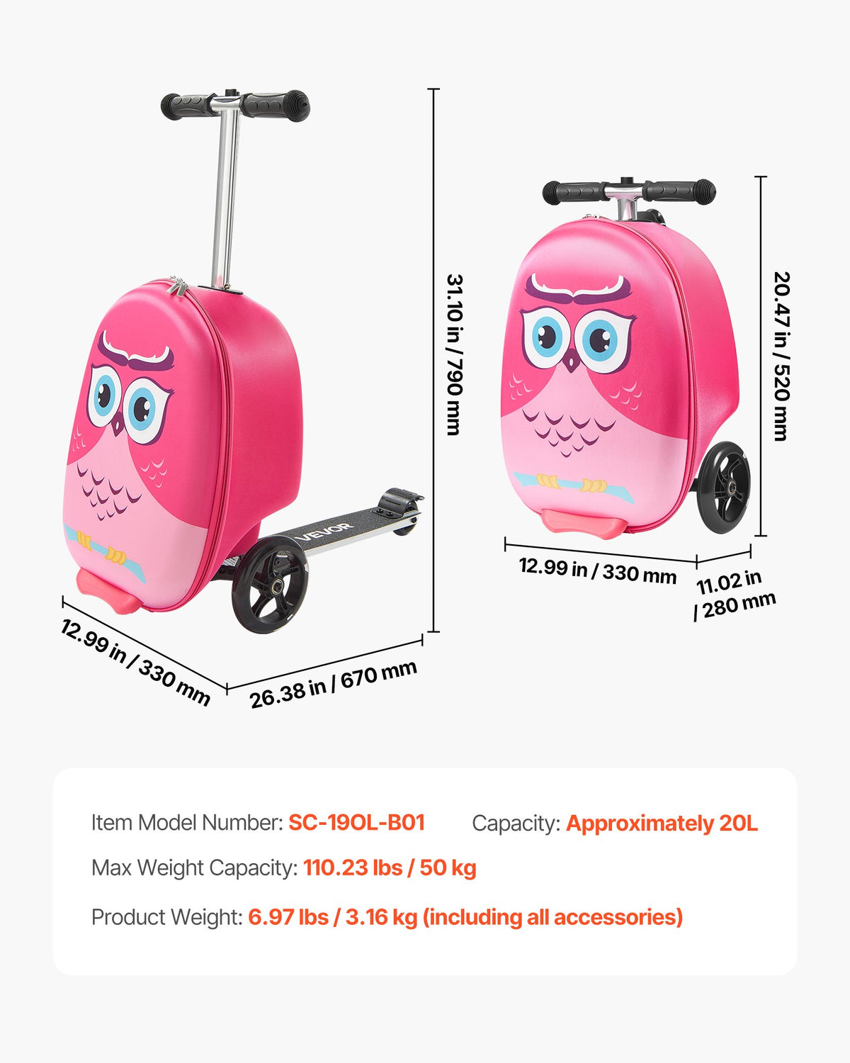 VEVOR Ride-on Luggage, 20 L Capacity, 20 Inches Kids Scooter Suitcase with Flash PU Wheels, Adjustable Handle & TPR Non-Slip Grip, Foldable & Lightweight Scooter Luggage for Kids Aged 5+, Pink - FDDQXXLX20INHPZ8K001V0 - view 8