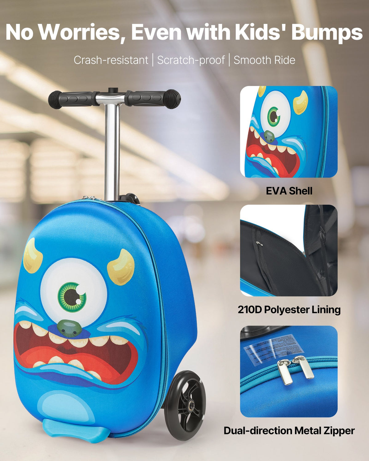 VEVOR Ride-on Luggage, 20 L Capacity, 20 Inches Kids Scooter Suitcase with Flash PU Wheels, Adjustable Handle & TPR Non-Slip Grip, Foldable & Lightweight Scooter Luggage for Kids Aged 5+, Blue - FDDQXXLX20INVRMNL001V0 - view 3