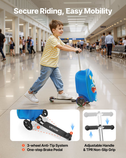VEVOR Ride-on Luggage, 20 L Capacity, 20 Inches Kids Scooter Suitcase with Flash PU Wheels, Adjustable Handle & TPR Non-Slip Grip, Foldable & Lightweight Scooter Luggage for Kids Aged 5+, Blue - FDDQXXLX20INVRMNL001V0 - view 4