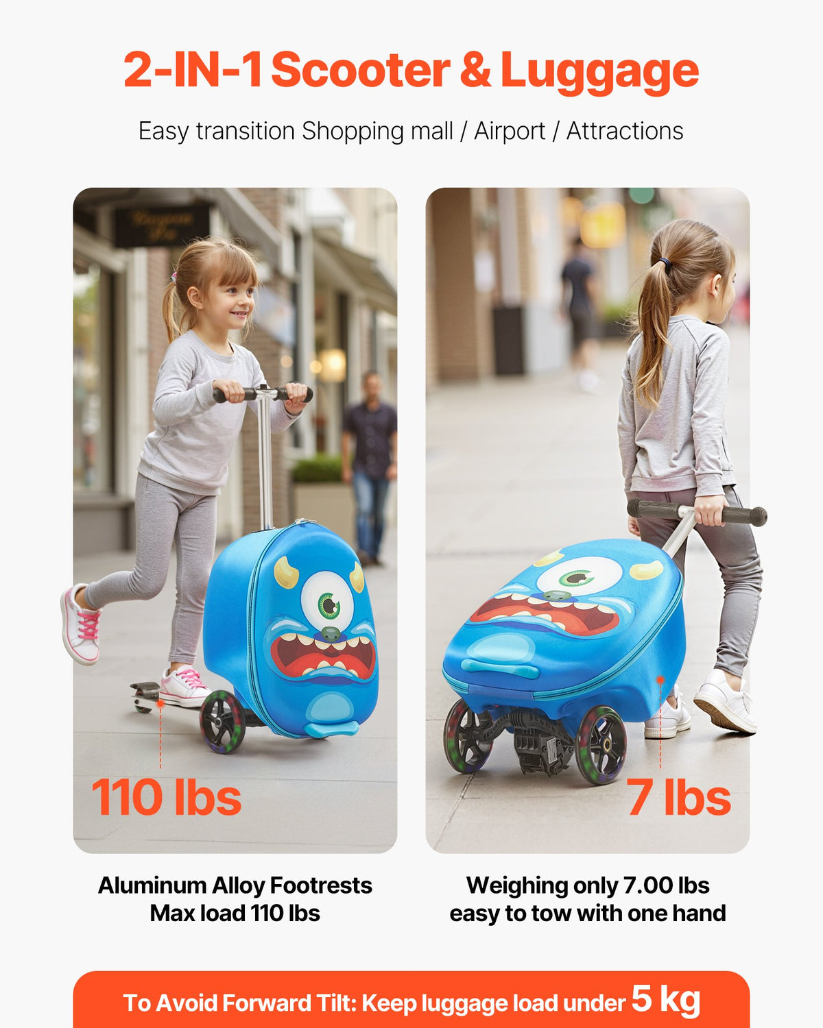 VEVOR Ride-on Luggage, 20 L Capacity, 20 Inches Kids Scooter Suitcase with Flash PU Wheels, Adjustable Handle & TPR Non-Slip Grip, Foldable & Lightweight Scooter Luggage for Kids Aged 5+, Blue - FDDQXXLX20INVRMNL001V0 - view 5