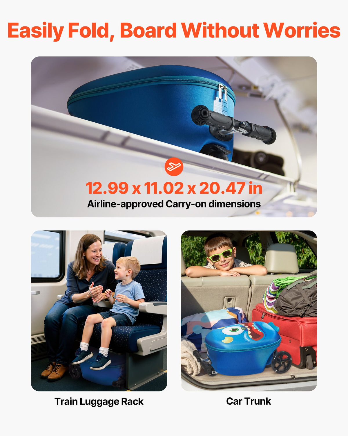 VEVOR Ride-on Luggage, 20 L Capacity, 20 Inches Kids Scooter Suitcase with Flash PU Wheels, Adjustable Handle & TPR Non-Slip Grip, Foldable & Lightweight Scooter Luggage for Kids Aged 5+, Blue - FDDQXXLX20INVRMNL001V0 - view 6