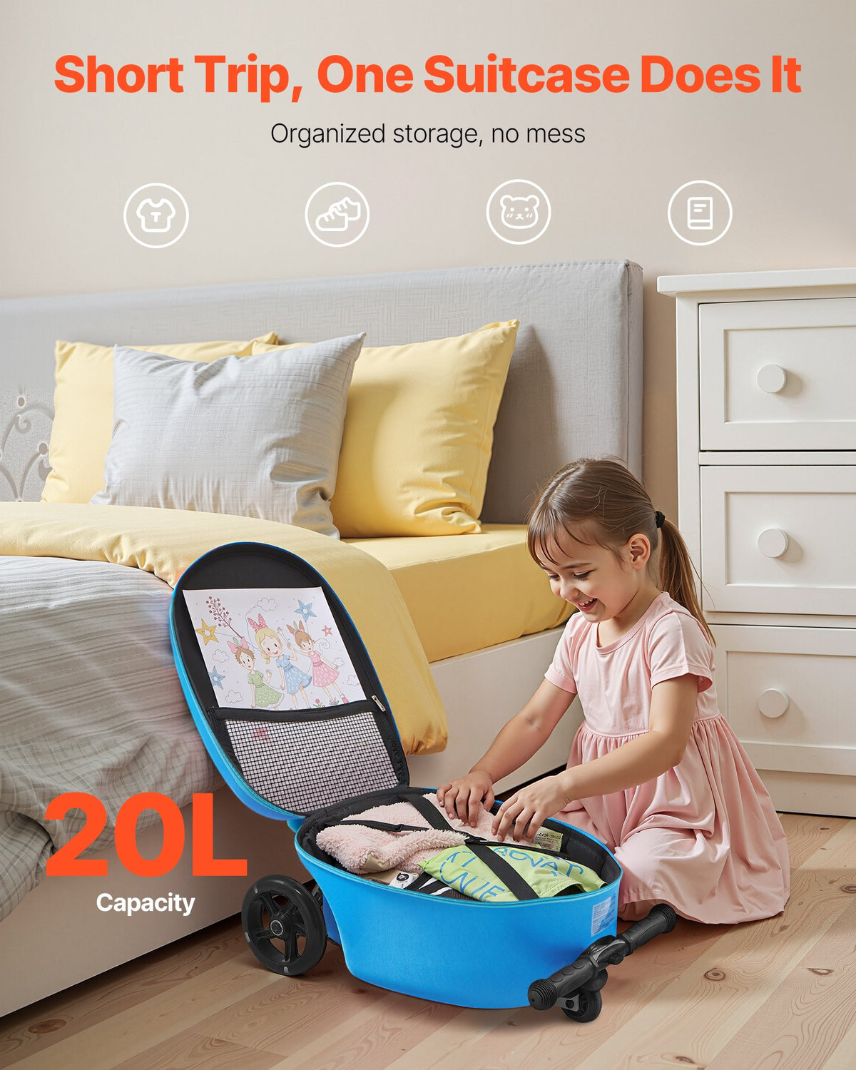 VEVOR Ride-on Luggage, 20 L Capacity, 20 Inches Kids Scooter Suitcase with Flash PU Wheels, Adjustable Handle & TPR Non-Slip Grip, Foldable & Lightweight Scooter Luggage for Kids Aged 5+, Blue - FDDQXXLX20INVRMNL001V0 - view 7