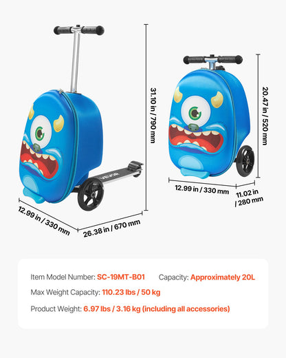 VEVOR Ride-on Luggage, 20 L Capacity, 20 Inches Kids Scooter Suitcase with Flash PU Wheels, Adjustable Handle & TPR Non-Slip Grip, Foldable & Lightweight Scooter Luggage for Kids Aged 5+, Blue - FDDQXXLX20INVRMNL001V0 - view 8
