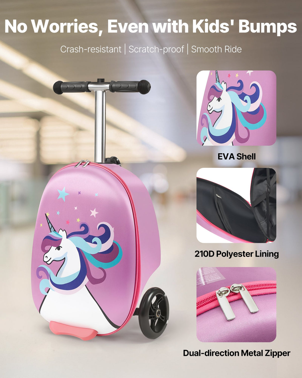 VEVOR Ride-on Luggage, 20 L Capacity, 20 Inches Kids Scooter Suitcase with Flash PU Wheels, Adjustable Handle & TPR Non-Slip Grip, Foldable & Lightweight Scooter Luggage for Kids Aged 5+, Purple - FDDQXXLXHBK2ZFUMR001V0 - view 3