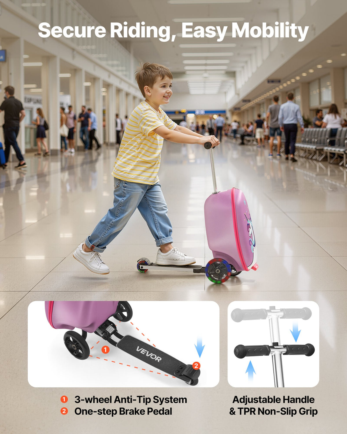 VEVOR Ride-on Luggage, 20 L Capacity, 20 Inches Kids Scooter Suitcase with Flash PU Wheels, Adjustable Handle & TPR Non-Slip Grip, Foldable & Lightweight Scooter Luggage for Kids Aged 5+, Purple - FDDQXXLXHBK2ZFUMR001V0 - view 4