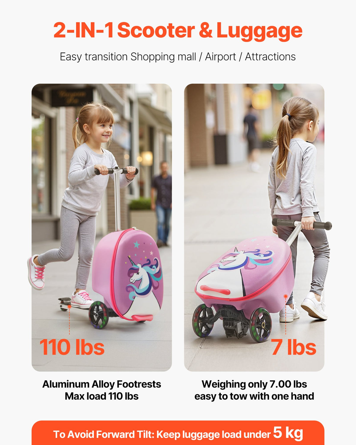 VEVOR Ride-on Luggage, 20 L Capacity, 20 Inches Kids Scooter Suitcase with Flash PU Wheels, Adjustable Handle & TPR Non-Slip Grip, Foldable & Lightweight Scooter Luggage for Kids Aged 5+, Purple - FDDQXXLXHBK2ZFUMR001V0 - view 5