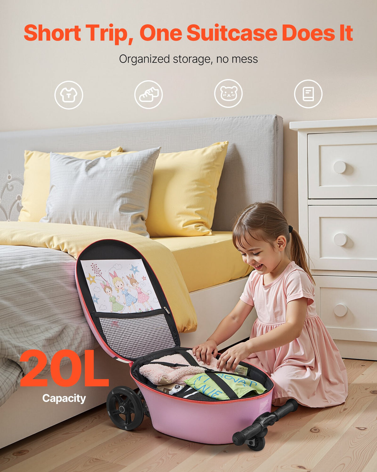 VEVOR Ride-on Luggage, 20 L Capacity, 20 Inches Kids Scooter Suitcase with Flash PU Wheels, Adjustable Handle & TPR Non-Slip Grip, Foldable & Lightweight Scooter Luggage for Kids Aged 5+, Purple - FDDQXXLXHBK2ZFUMR001V0 - view 7