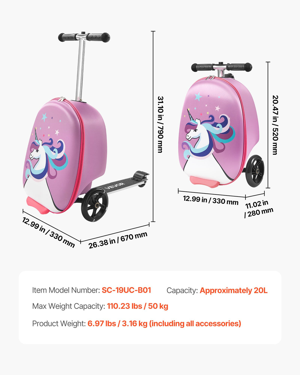 VEVOR Ride-on Luggage, 20 L Capacity, 20 Inches Kids Scooter Suitcase with Flash PU Wheels, Adjustable Handle & TPR Non-Slip Grip, Foldable & Lightweight Scooter Luggage for Kids Aged 5+, Purple - FDDQXXLXHBK2ZFUMR001V0 - view 8