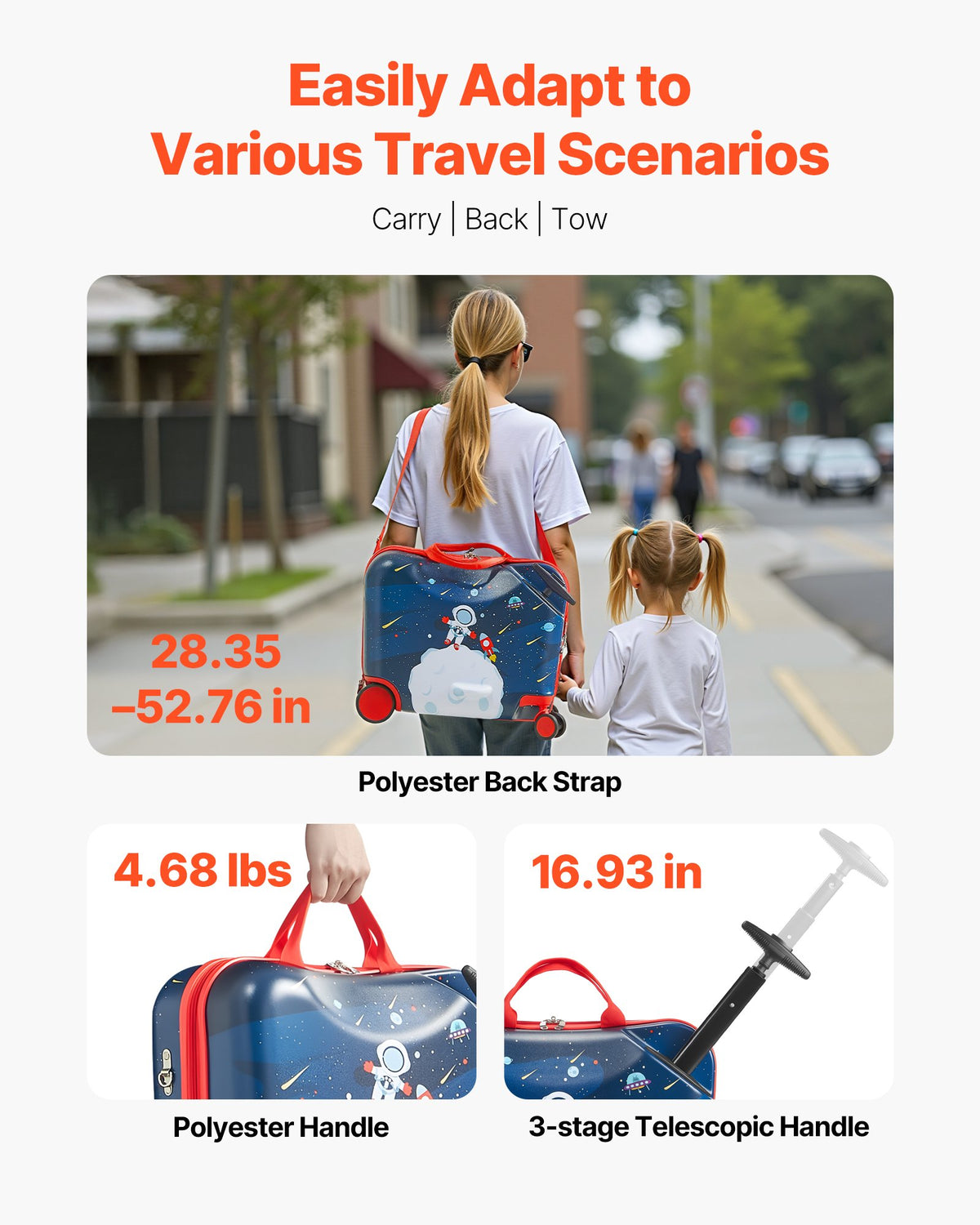VEVOR Ride-on Luggage, 26 L Capacity, 18 Inches Tow Along Toddler Carry on Luggage with Wheels, Adjustable Shoulder Strap, Lightweight Kids Riding Suitcase for Boys & Girls Aged 3+, Blue & White - FDDQXXLXXLK1Y8UF6001V0 - view 7