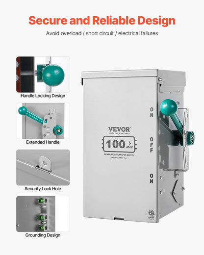 VEVOR 100A Generator Transfer Switch, 24000W Manual Transfer Switch, Heavy Duty Double-Throw Power Transfer Switch 120/240V, Meeting NEMA 3R Standards, for Outdoor, Indoor, and Portable Generator - FDJAQKG12024V91TJV5 - view 5