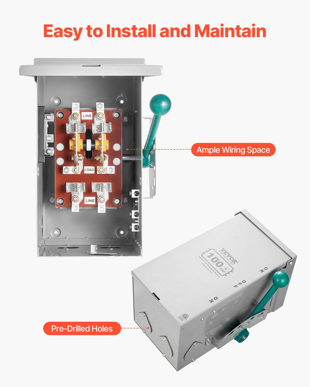 VEVOR 100A Generator Transfer Switch, 24000W Manual Transfer Switch, Heavy Duty Double-Throw Power Transfer Switch 120/240V, Meeting NEMA 3R Standards, for Outdoor, Indoor, and Portable Generator - FDJAQKG12024V91TJV5 - view 7