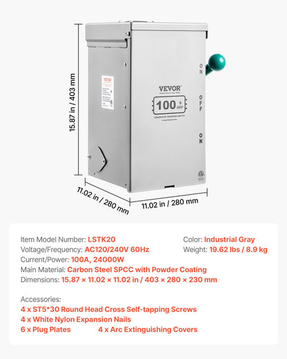 VEVOR 100A Generator Transfer Switch, 24000W Manual Transfer Switch, Heavy Duty Double-Throw Power Transfer Switch 120/240V, Meeting NEMA 3R Standards, for Outdoor, Indoor, and Portable Generator - FDJAQKG12024V91TJV5 - view 8