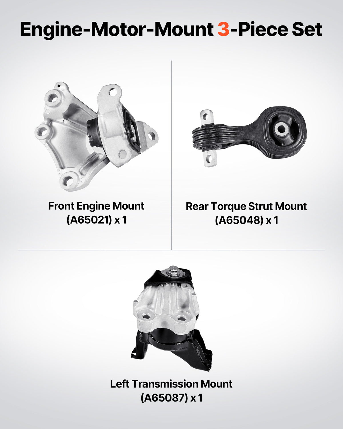 VEVOR Engine Motor Mount and Transmission Mount Kit Replacement, Set of 3, Compatible with 2012–2013 Honda Civic 1.8L Coupe, Replace OE# A65048, A65021, A65087, Secure Support - FDJMDZJ3JTPN09LD6001V0 - view 3