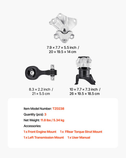 VEVOR Engine Motor Mount and Transmission Mount Kit Replacement, Set of 3, Compatible with 2012–2013 Honda Civic 1.8L Coupe, Replace OE# A65048, A65021, A65087, Secure Support - FDJMDZJ3JTPN09LD6001V0 - view 8