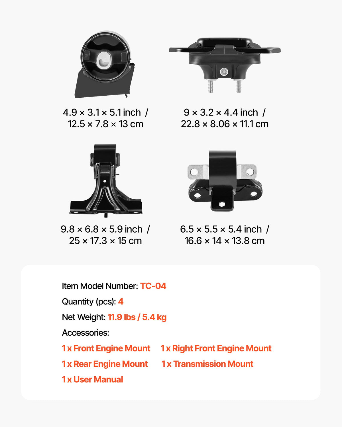 VEVOR Engine Motor Mount and Transmission Mount Kit Replacement, Set of 4, Compatible with 2011–2019 Dodge Journey 3.6L FWD, Replace OE# A5551, A5443, A5632, A5543, Secure Support - FDJMDZJ4JTPN3G883001V0 - view 8