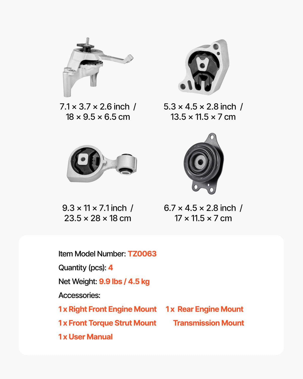 VEVOR Engine and Transmission Motor Mount Kit Replacement, Set of 4, Compatible with 2007–2017 Nissan Altima 2.5L L4, Replace OE# A4350, A4353, A4340, A4339, Secure Support - FDJMDZJ4JTPNL9RIJ001V0 - view 8