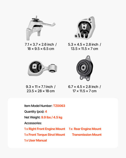 VEVOR Engine and Transmission Motor Mount Kit Replacement, Set of 4, Compatible with 2007–2017 Nissan Altima 2.5L L4, Replace OE# A4350, A4353, A4340, A4339, Secure Support - FDJMDZJ4JTPNL9RIJ001V0 - view 8