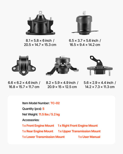 VEVOR Engine Motor Mount and Transmission Mount Kit Replacement, Set of 5, Compatible with 2008-2012 Honda Accord 2.4L L4 and 2009-2013 Acura TSX 2.4L, Replace OE# A4565 A4572 A4570 A4584 A4561 - FDJMDZJ5JTBTPCNK9001V0 - view 8