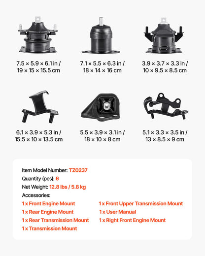 VEVOR Engine Motor Mount and Transmission Mount Kit Replacement, Set of 6, Compatible with 2003–2007 Honda Accord 3.0L V6, Replace OE# A4526HY, A4517, A4527HY, A4524, A4544, A4525, Secure Support - FDJMDZJ6JTPNYL394001V0 - view 8
