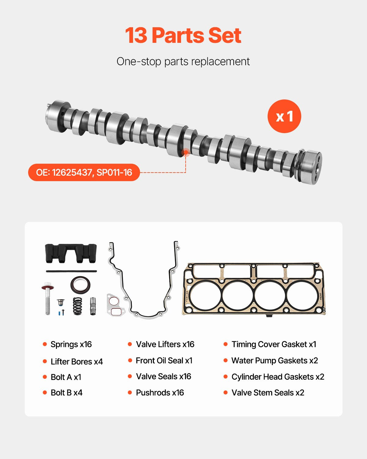 VEVOR Lifter Camshaft Kit, 13-Piece Set, Gray Cast Iron Engine Cam, Compatible with Norris trucks from 1999-2013 GM Gen3/4, Fit 1999-2013 LS-Based Engines (Silverado, Sierra, Tahoe, Yukon/LS1) - FDJTLHTGTJTYJG47X001V0 - view 4